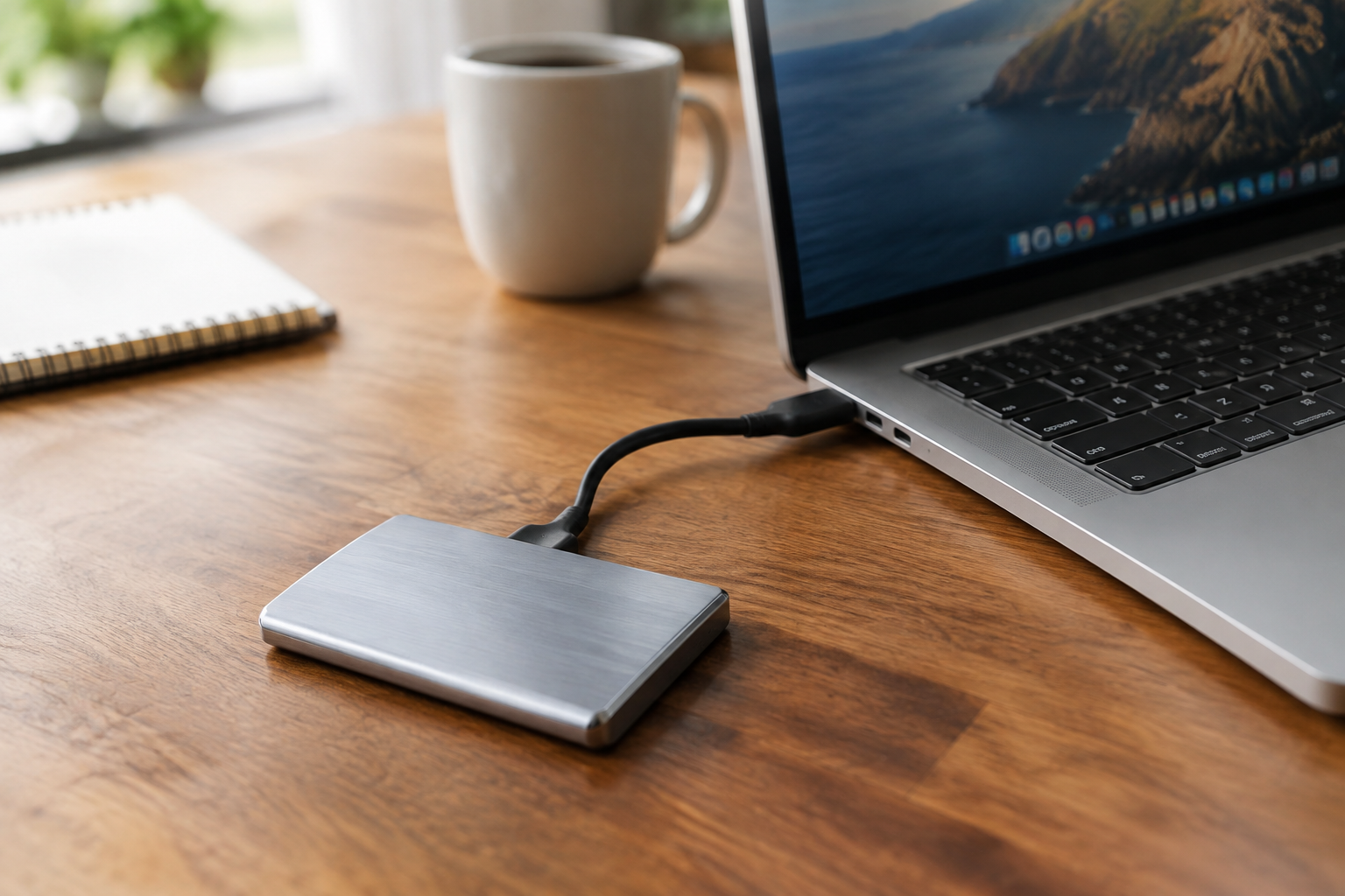 External portable SSD connected to a laptop via USB-C cable on a desk