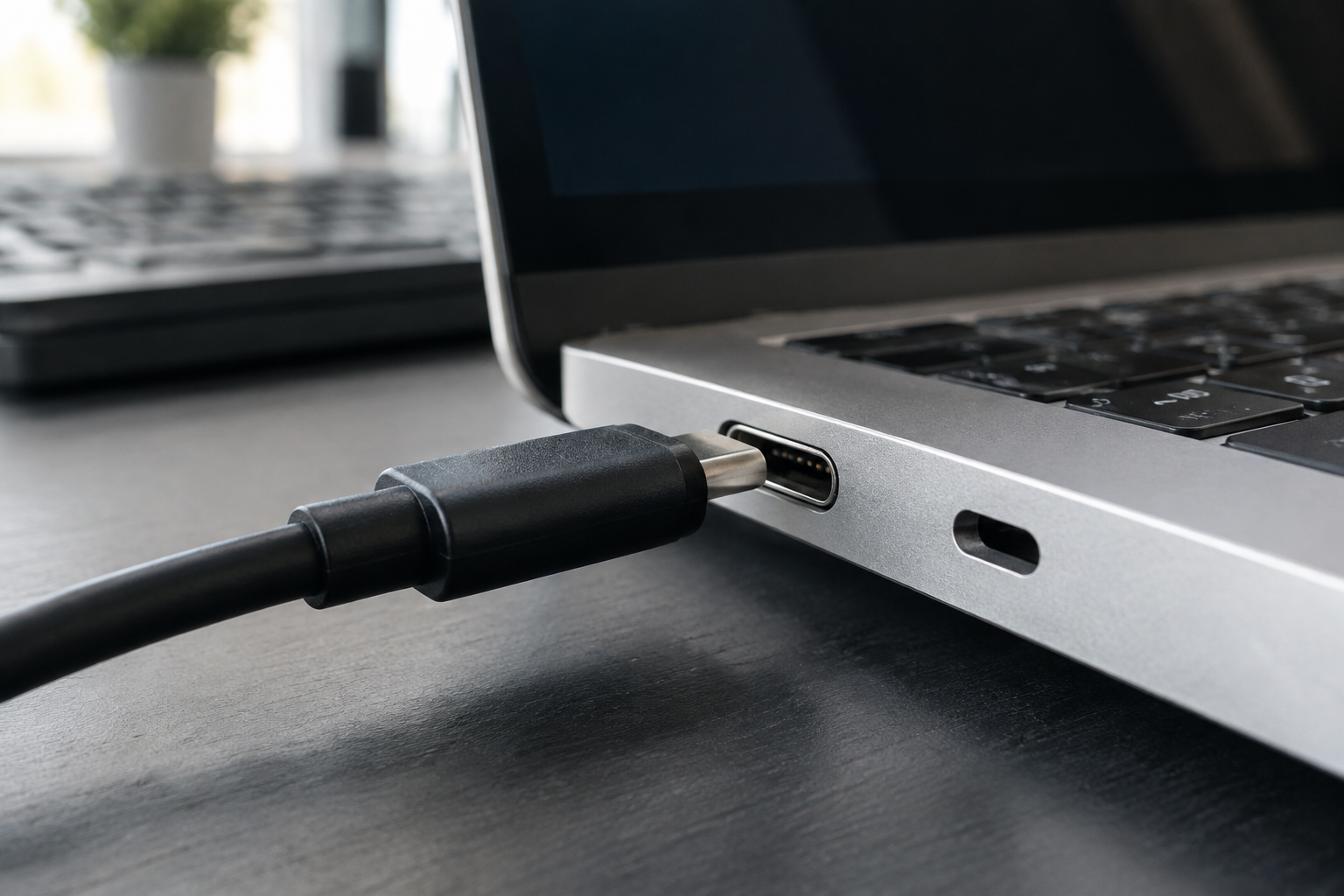 Close-up of a USB-C cable connecting to a laptop port